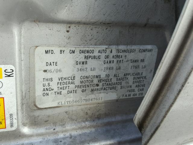 KL1TD56697B047611 - 2007 CHEVROLET AVEO BASE Күміс фото 10