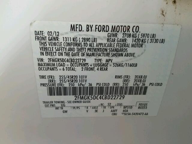 2FMGK5DC4CBD22729 - 2012 FORD FLEX LIMIT WHITE photo 10