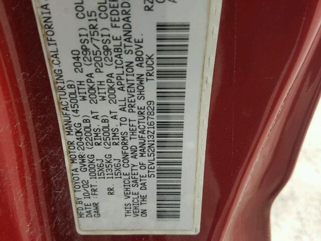 5TEVL52N13Z167829 - 2003 TOYOTA TACOMA XTR RED photo 10