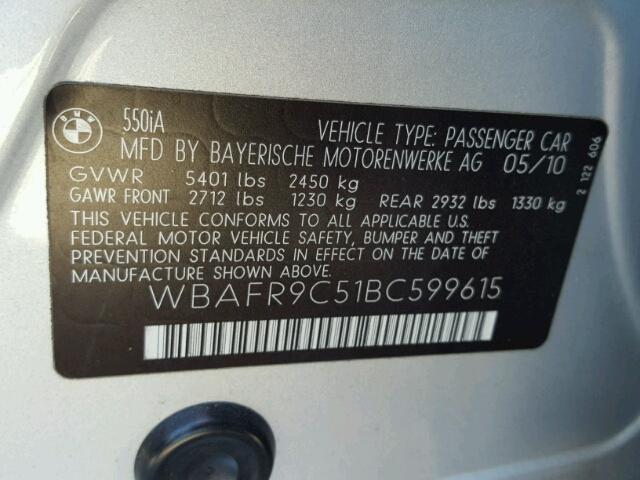 WBAFR9C51BC599615 - 2011 BMW 550 SILVER photo 10