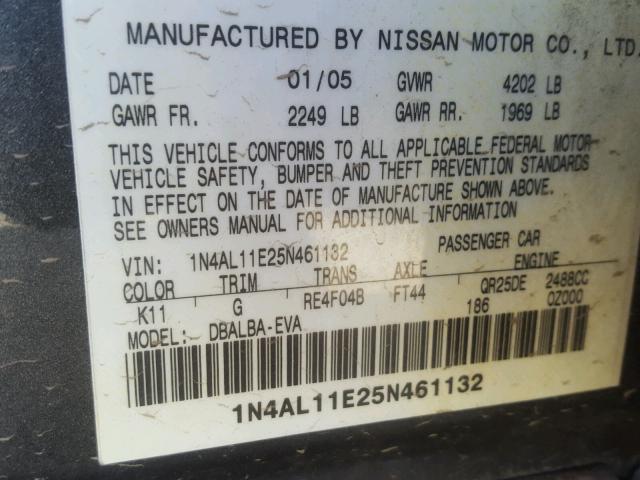 1N4AL11E25N461132 - 2005 NISSAN ALTIMA S GRAY photo 10