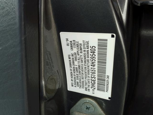 2HGES16514H595405 - 2004 HONDA CIVIC LX GRAY photo 10