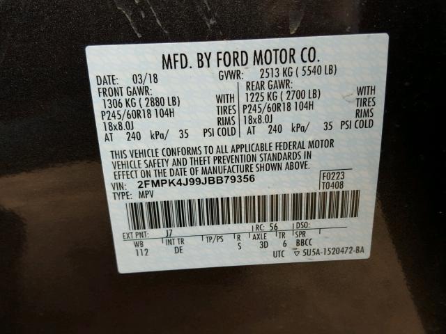 2FMPK4J99JBB79356 - 2018 FORD EDGE SEL GRAY photo 10