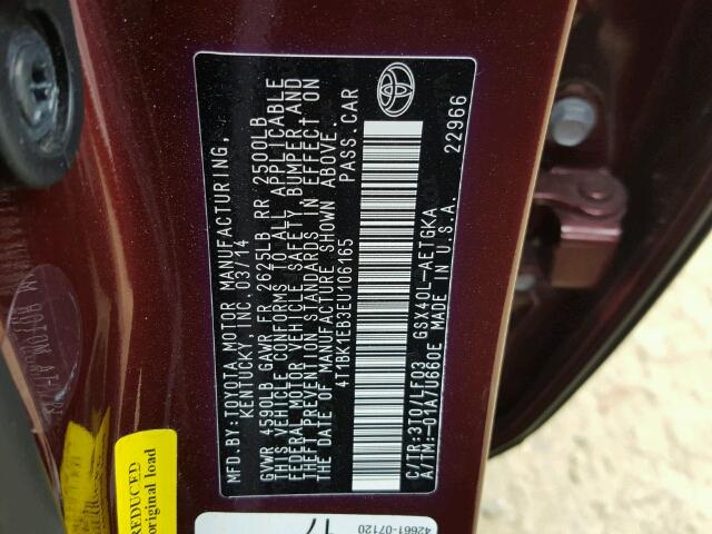 4T1BK1EB3EU106165 - 2014 TOYOTA AVALON BAS BURGUNDY photo 10