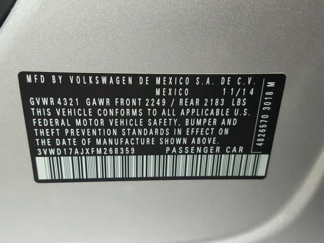 3VWD17AJXFM268359 - 2015 VOLKSWAGEN JETTA SE SILVER photo 10