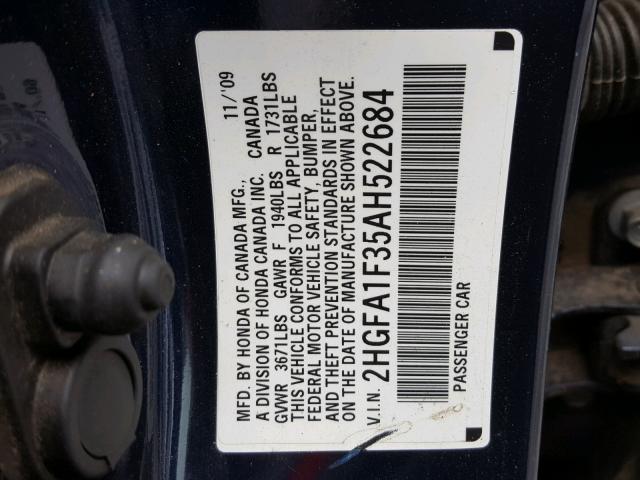 2HGFA1F35AH522684 - 2010 HONDA CIVIC VP BLUE photo 10