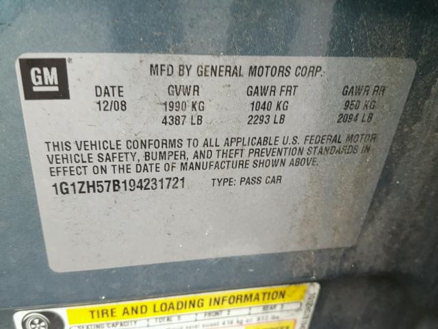 1G1ZH57B194231721 - 2009 CHEVROLET MALIBU 1LT GREEN photo 10