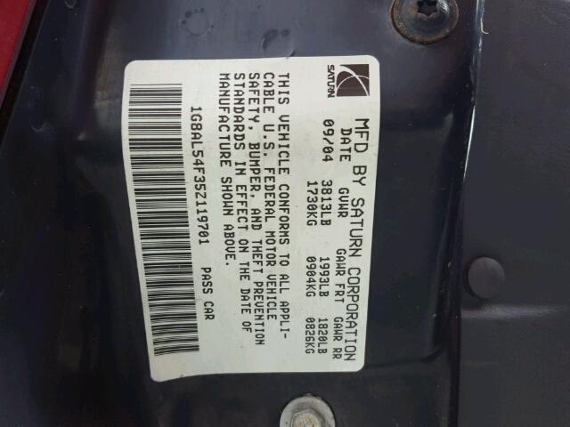 1G8AL54F35Z119701 - 2005 SATURN ION LEVEL RED photo 10