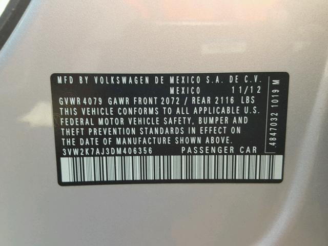 3VW2K7AJ3DM406356 - 2013 VOLKSWAGEN JETTA BASE 银色 照片 10