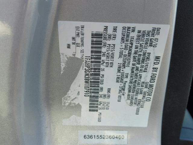 1FAHP3GN3BW107910 - 2011 FORD FOCUS GRAY photo 10