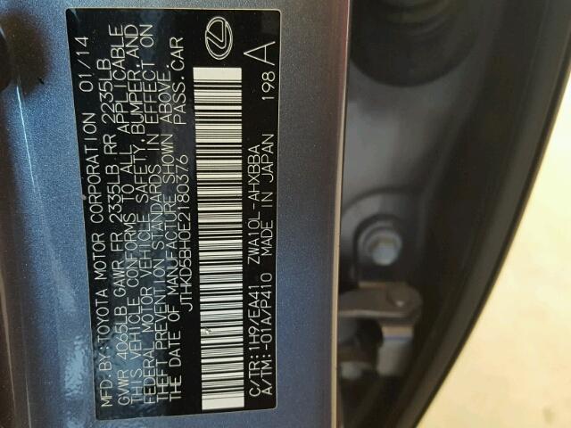 JTHKD5BH0E2180376 - 2014 LEXUS CT 200 GRAY photo 10