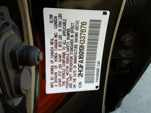 2HGFA16919H337676 - 2009 HONDA CIVIC EXL 黑色 照片 10