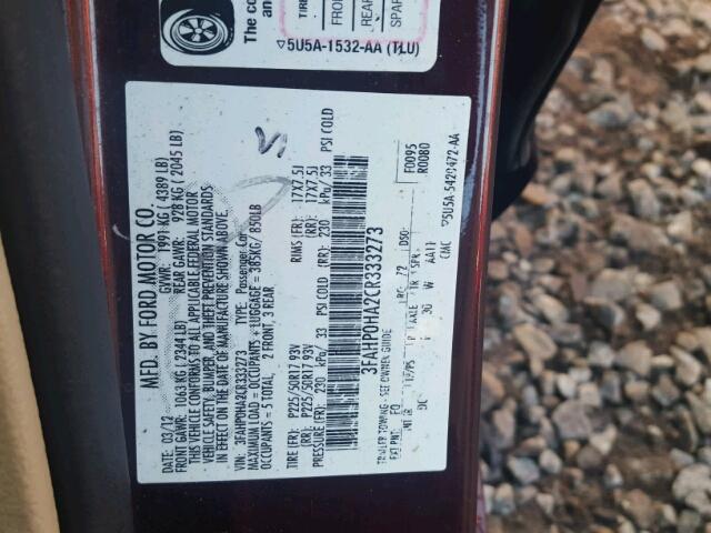 3FAHP0HA2CR333273 - 2012 FORD FUSION SE RED photo 10