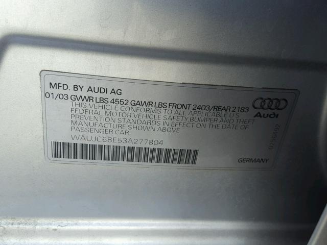 WAUJC68E53A277804 - 2003 AUDI A4 1.8T SILVER photo 10