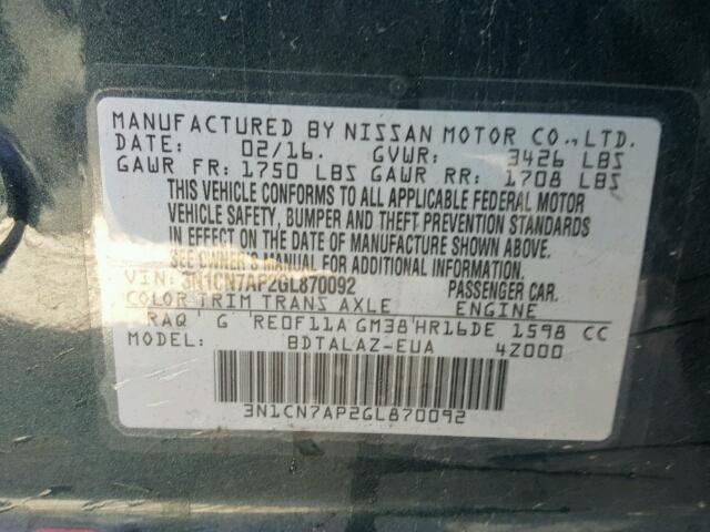 3N1CN7AP2GL870092 - 2016 NISSAN VERSA BLUE photo 10