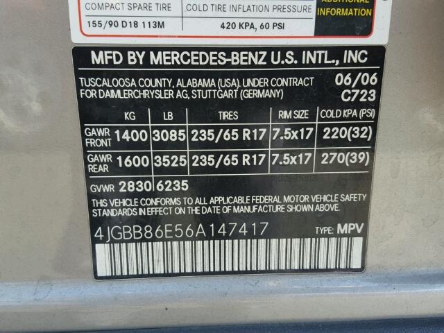 4JGBB86E56A147417 - 2006 MERCEDES-BENZ ML 350 GRAY photo 10