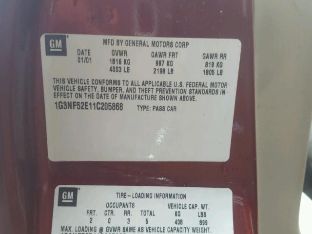 1G3NF52E11C205868 - 2001 OLDSMOBILE ALERO GLS 勃艮第红 照片 10