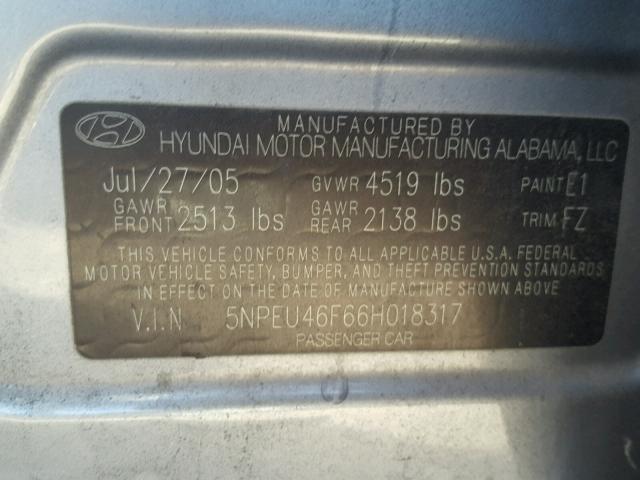 5NPEU46F66H018317 - 2006 HYUNDAI SONATA GRAY photo 10