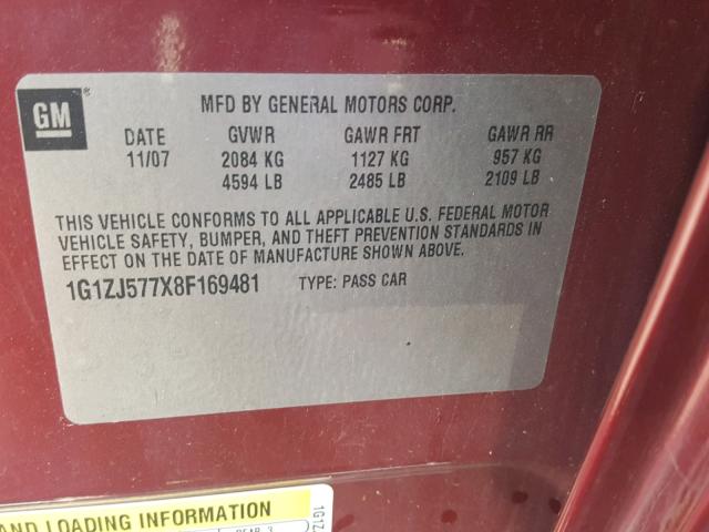 1G1ZJ577X8F169481 - 2008 CHEVROLET MALIBU 2LT RED photo 10