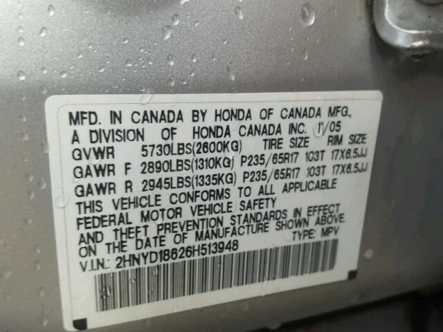 2HNYD18626H513948 - 2006 ACURA MDX SILVER photo 10