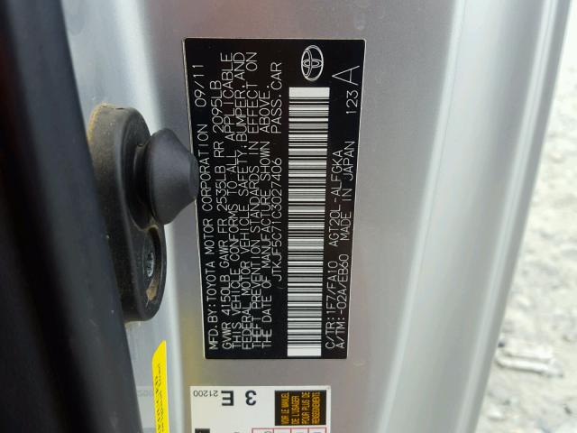 JTKJF5C71C3027406 - 2012 TOYOTA SCION TC 银色 照片 10