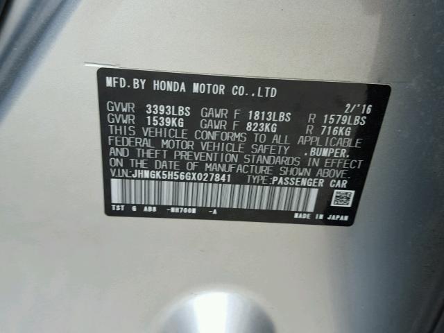 JHMGK5H56GX027841 - 2016 HONDA FIT LX Gümüş fotoğraf 10