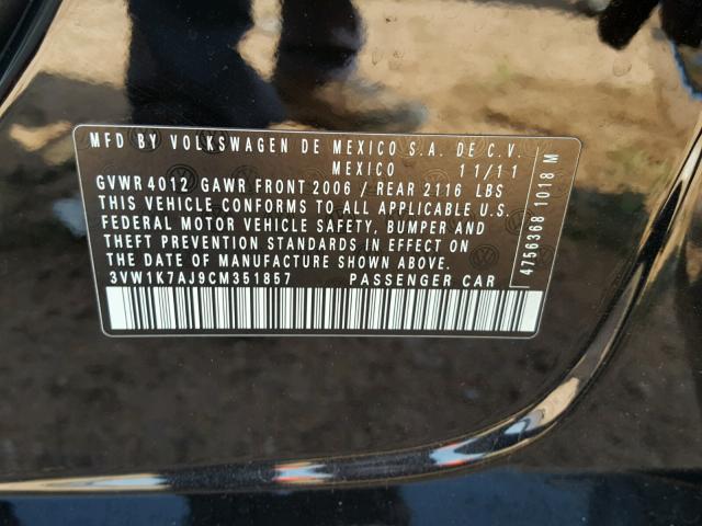 3VW1K7AJ9CM351857 - 2012 VOLKSWAGEN JETTA BASE Սև լուսանկար 10