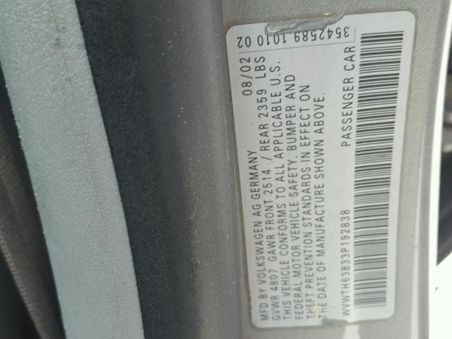 WVWTH63B33P192838 - 2003 VOLKSWAGEN PASSAT GLX GRAY photo 10