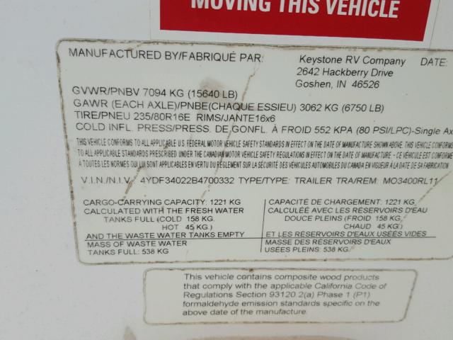 4YDF34022B4700332 - 2011 KEYSTONE MONTANA WHITE photo 10