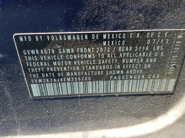 3VW2K7AJ4EM356200 - 2014 VOLKSWAGEN JETTA BASE BLUE photo 10