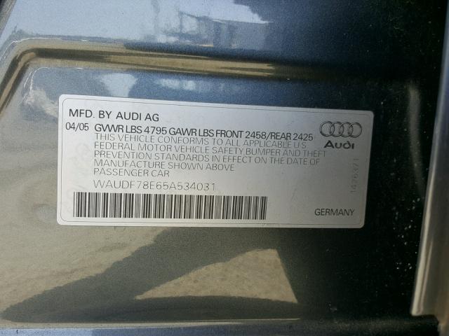 WAUDF78E65A534031 - 2005 AUDI A4 2.0T QU CHARCOAL photo 10