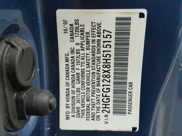 2HGFG128X8H515157 - 2008 HONDA CIVIC EX ლურჯი ფოტო 10