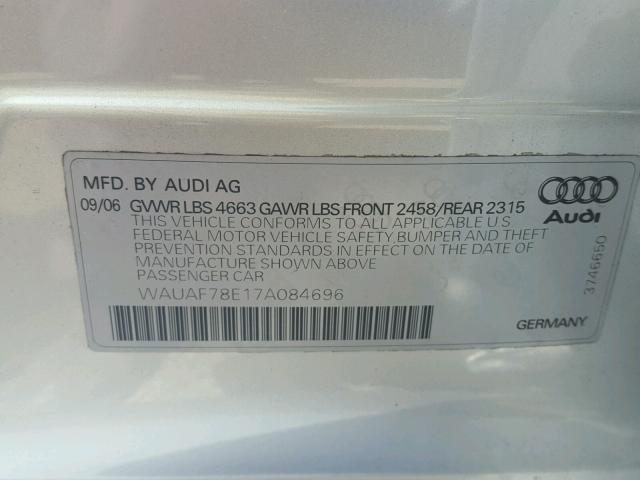 WAUAF78E17A084696 - 2007 AUDI A4 2 SILVER photo 10