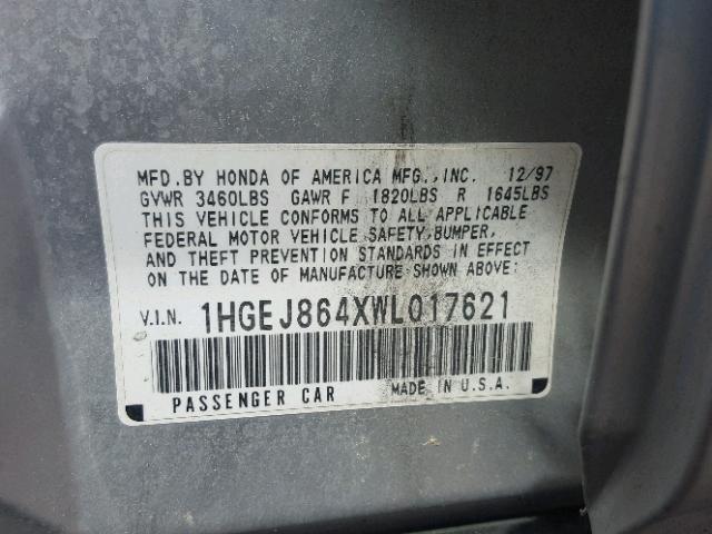 1HGEJ864XWL017621 - 1998 HONDA CIVIC EX SILVER photo 10