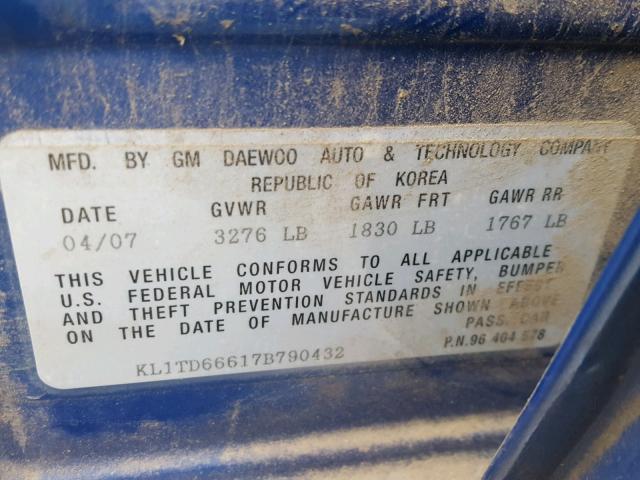 KL1TD66617B790432 - 2007 CHEVROLET AVEO BASE Көк фото 10