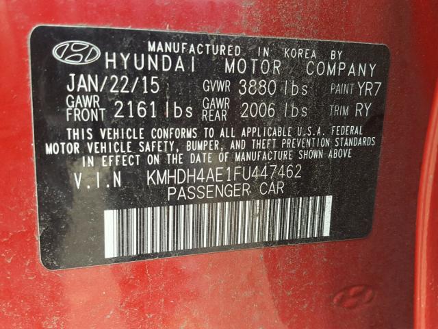 KMHDH4AE1FU447462 - 2015 HYUNDAI ELANTRA SE RED photo 10