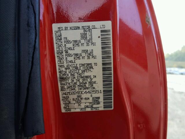 1N6MD26Y03C442551 - 2003 NISSAN FRONTIER K RED photo 10