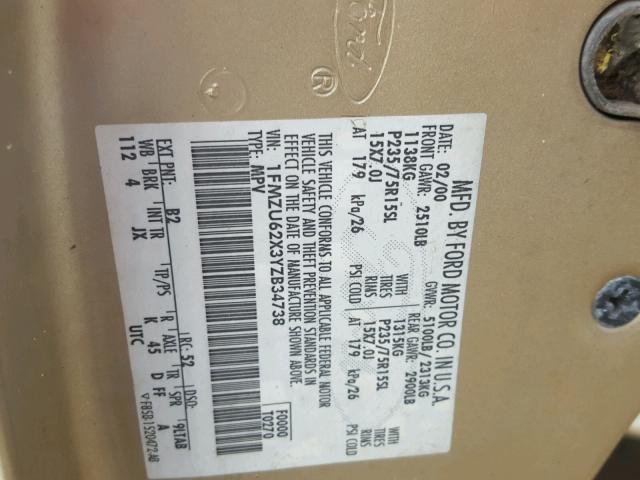 1FMZU62X3YZB34738 - 2000 FORD EXPLORER X GOLD photo 10