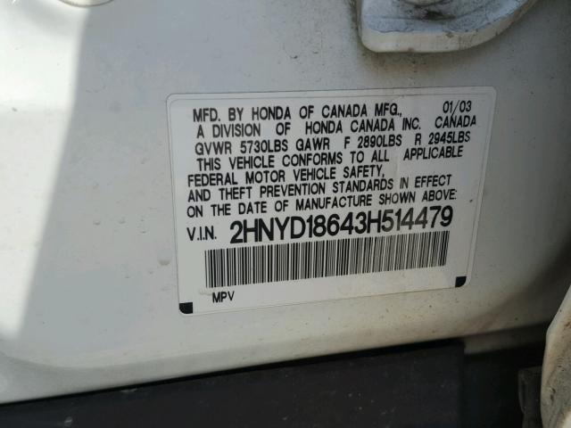 2HNYD18643H514479 - 2003 ACURA MDX TOURIN WHITE photo 10