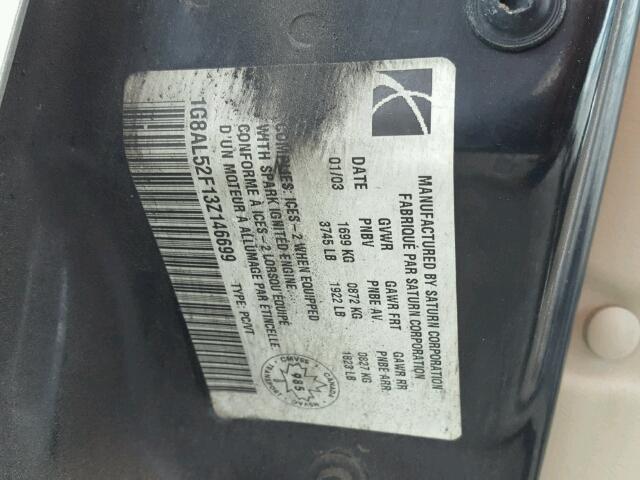 1G8AL52F13Z146699 - 2003 SATURN ION LEVEL BEIGE photo 10