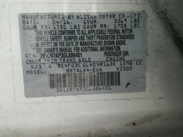 3N1CN7AP3GL886401 - 2016 NISSAN VERSA S GRAY photo 10