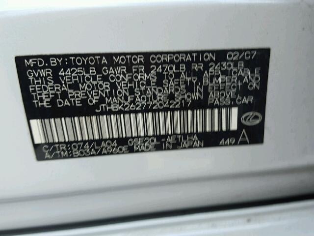 JTHBK262772042217 - 2007 LEXUS IS 250 WHITE photo 10