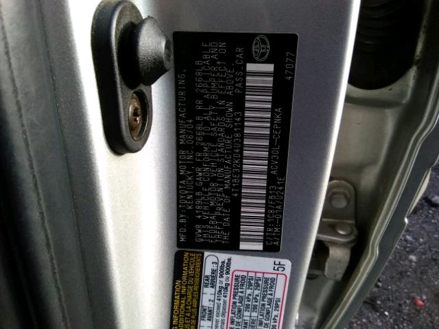 4T1BE32K04U381143 - 2004 TOYOTA CAMRY LE 灰色 照片 10