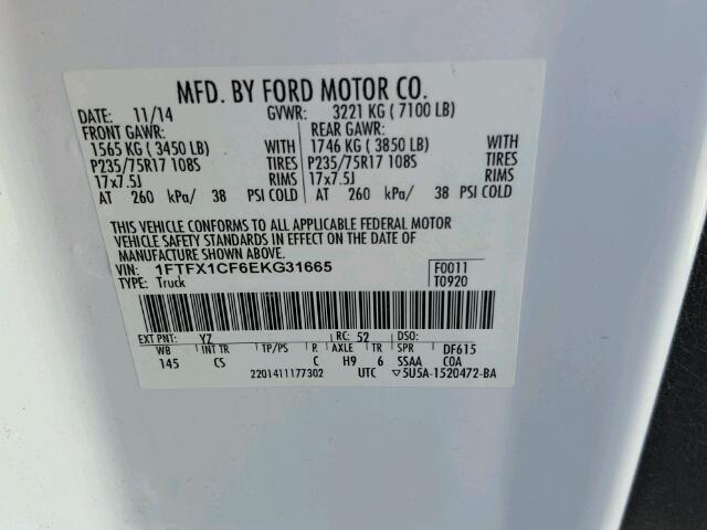 1FTFX1CF6EKG31665 - 2014 FORD F150 WHITE photo 10