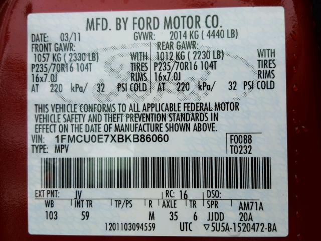 1FMCU0E7XBKB86060 - 2011 FORD ESCAPE LIM RED photo 10