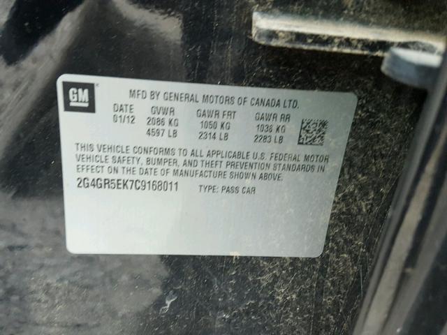 2G4GR5EK7C9168011 - 2012 BUICK REGAL BLACK photo 10