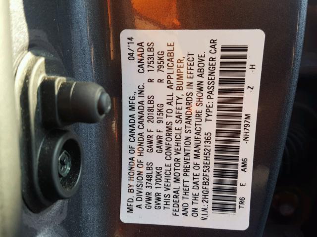 2HGFB2F53EH521365 - 2014 HONDA CIVIC LX GRAY photo 10