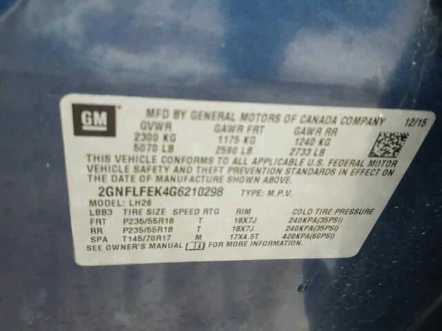 2GNFLFEK4G6210298 - 2016 CHEVROLET EQUINOX LT BLUE photo 10