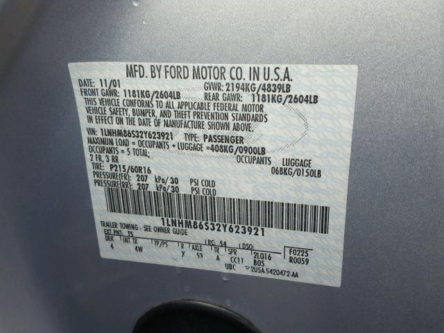 1LNHM86S32Y623921 - 2002 LINCOLN LS 银色 照片 10