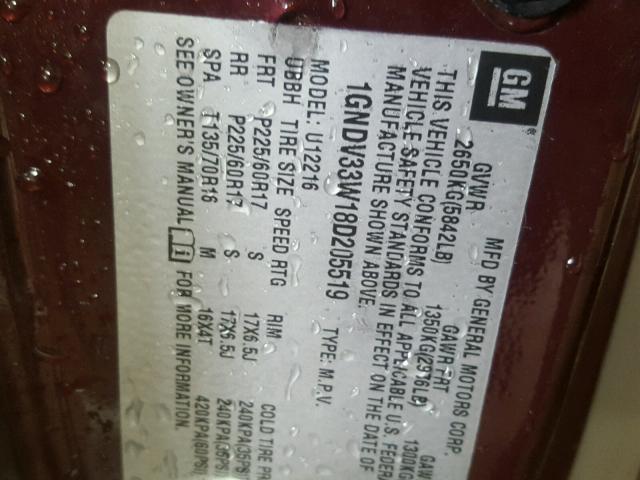 1GNDV33W18D205519 - 2008 CHEVROLET UPLANDER L 勃艮第红 照片 10